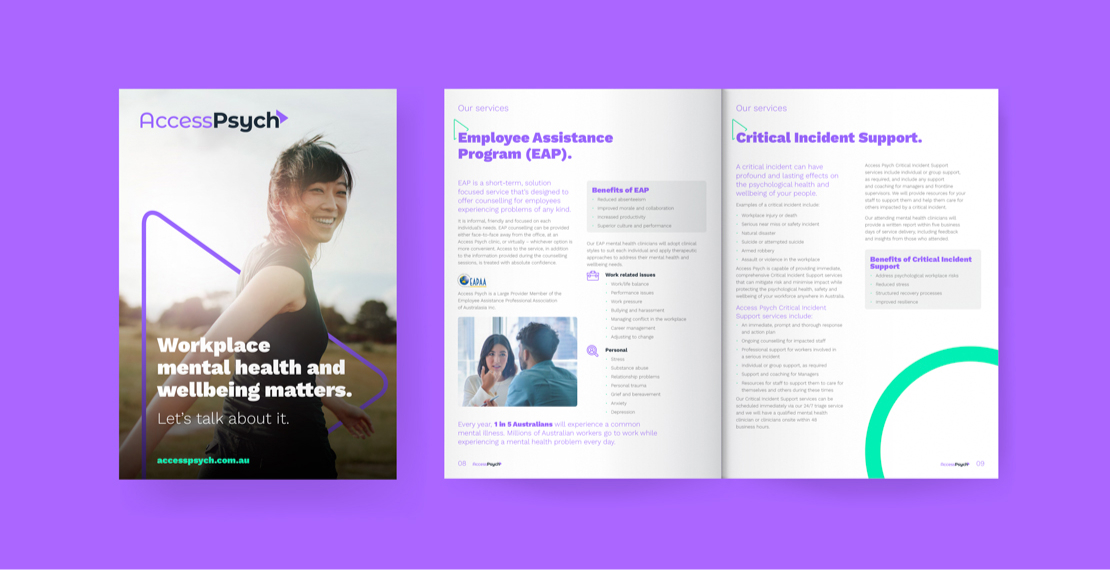 Psychology services information booklet with Access Psych branding, designed by MOO Marketing & Design's graphic design studio in Melbourne