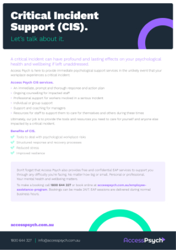 Critical Incident Support information sheet with Access Psych branding, designed by MOO Marketing & Design graphic design studio in Melbourne