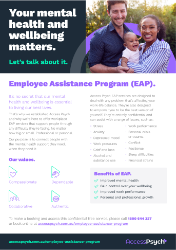 Employee Assistance Program information sheet, designed by MOO Marketing & Design graphic design team in Melbourne