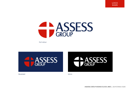 Assess Medical Group brand guidelines outlining colour and black & white variations of Assess logos, designed by MOO Marketing & Design brand design agency in Melbourne