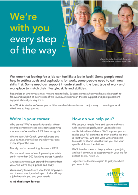Information sheet with atWork Australia branding and logos on it, designed by MOO Marketing & Design graphic design studio in Melbourne