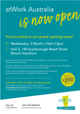 Poster celebrating atWork Australia opening event, designed by MOO Marketing & Design graphic design studio in Melbourne