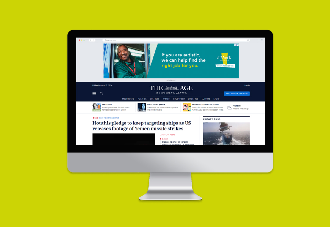 atWork Australia banner ad in the header section of a news website, designed by MOO Marketing & Design digital marketing agency in Melbourne