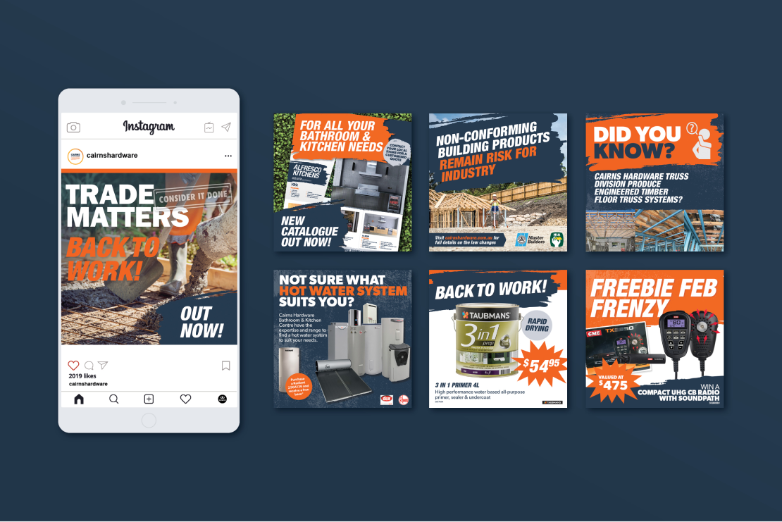 Cairns Hardware social media tiles and thumbnails, designed by MOO Marketing & Design digital marketing agency in Melbourne