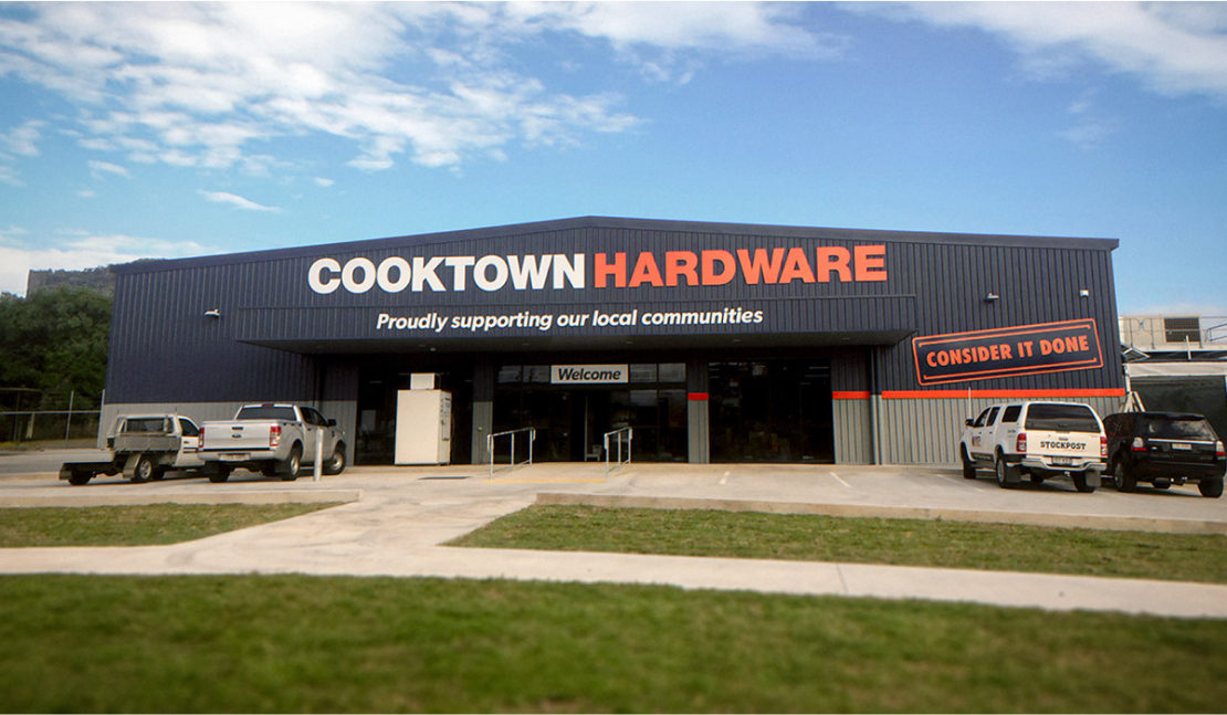 Cooktown Hardware store, with colours and signage designed by MOO Marketing & Design branding agency in Melbourne