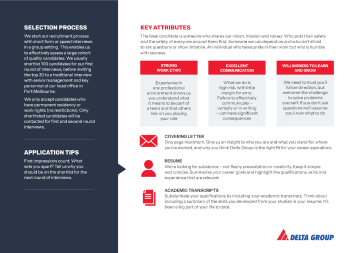 Front cover of Delta Group graduate program informational booklet, designed by MOO Marketing & Design brand design agency in Melbourne