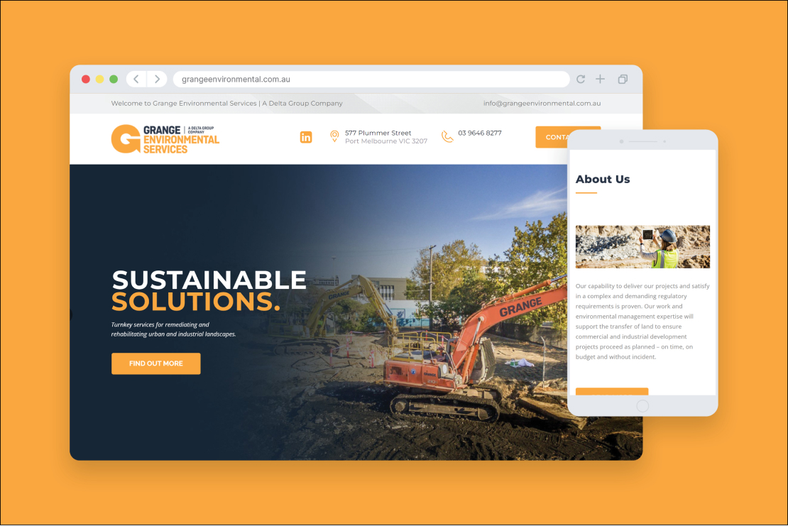 Grange Environmental Services website previewed on desktop and mobile devices against an orange background, designed by MOO Marketing & Design web design agency in Melbourne