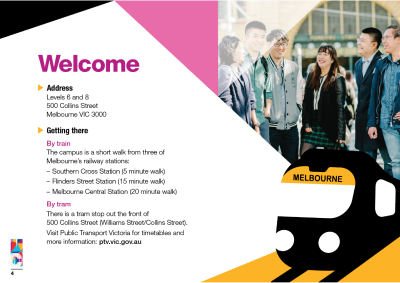 Monash College student resources/guide book contents page, designed by MOO Marketing & Design's graphic design studio in Melbourne