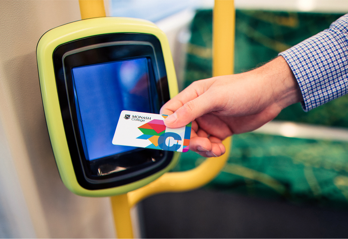 Monash College-branded public transport cards, designed by MOO Marketing graphic design agency in Melbourne