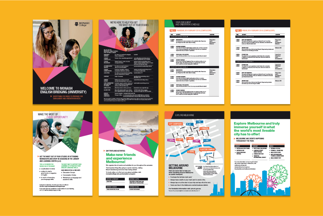Monash College welcome booklet, designed by MOO Marketing's graphic design agency in Melbourne