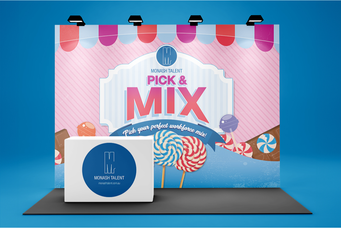 Monash Talent Pick & Mix box & media wall designed for Monash College. Examples of brand collateral designed by MOO Marketing's branding agency in Melbourne