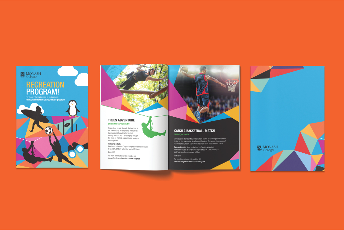 Monash College recreation brochures, designed by MOO Marketing & Design's graphic design studio in Melbourne