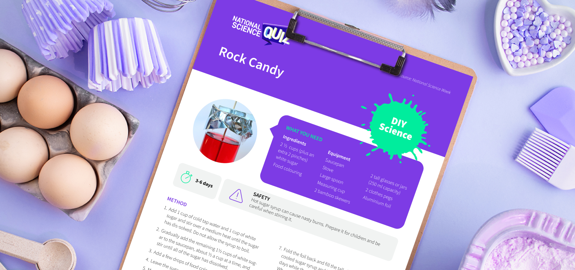 National Science Quiz recipe sheet on a purple kitchen bench, designed by MOO Marketing & Design's brand design agency in Melbourne