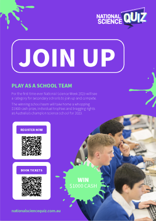 National Science Quiz signup document with QR codes designed by MOO Marketing & Design's graphic design team in Melbourne