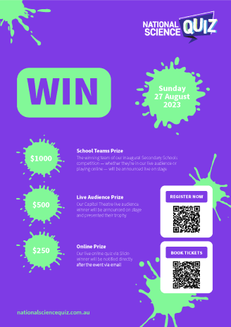 National Science Quiz signup document  listing prizes, designed by MOO Marketing & Design's graphic design team in Melbourne