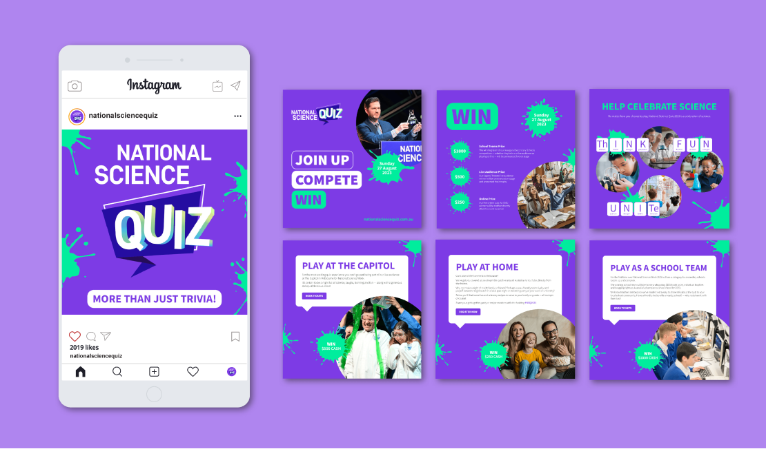 National Science Quiz social media tiles designed by MOO Marketing & Design's digital marketing team in Melbourne