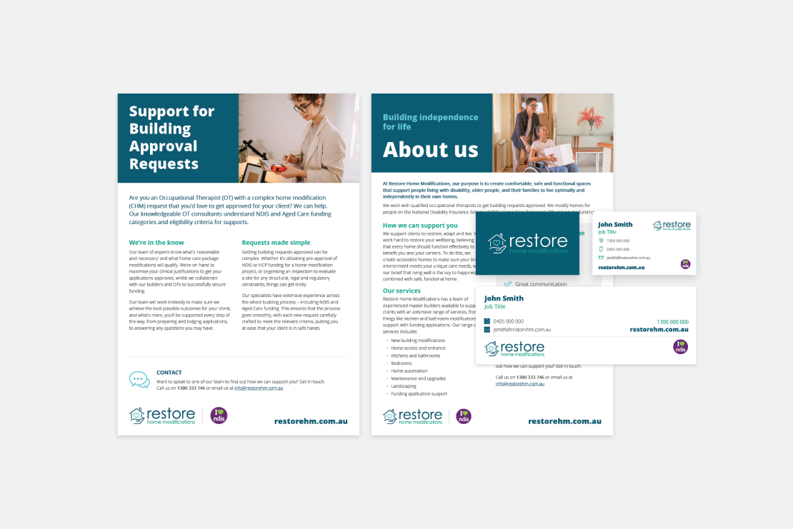 Restore Home Modifications marketing collateral including print ads and business cards, designed by MOO Marketing & Design graphic design studio in Melbourne