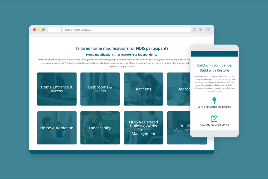 Restore Home Modifications website previews for desktop and mobile devices against a blue background, designed by MOO Marketing & Design web design agency in Melbourne