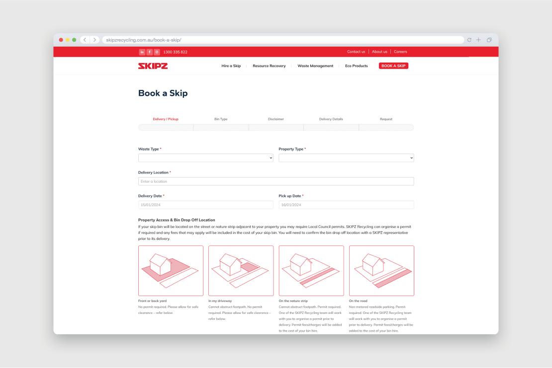 Booking page on Skipz website, designed by MOO Marketing & Design's web design agency in Melbourne