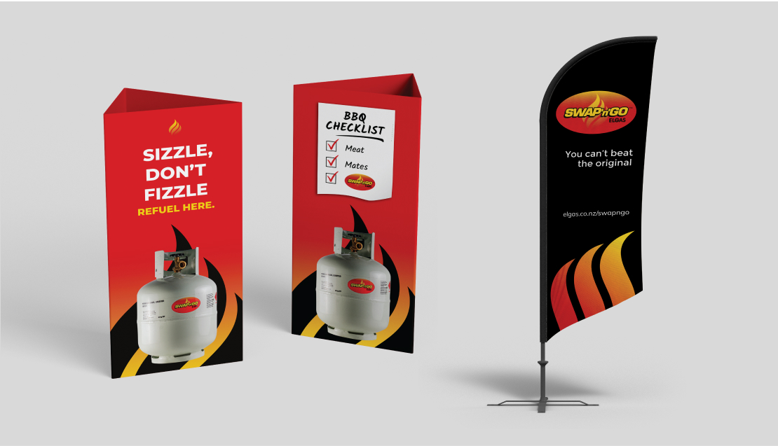 Array of Elgas Swap-N-Go marketing collateral including flags and trade show signage designed by MOO marketing & Design's graphic design studio in Melbourne
