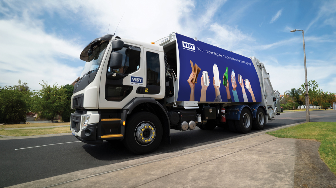 Visy rubbish collection truck with large-scale decal son the side designed by MOO Marketing & Design graphic design and branding service in Melbourne