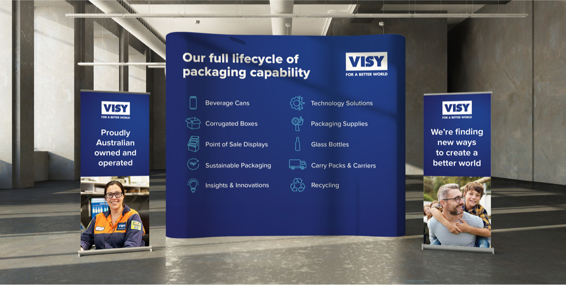 Visy signage including pull-up banners and media backdrop wall, designed by MOO Marketing & Design branding & graphic design service in Melbourne