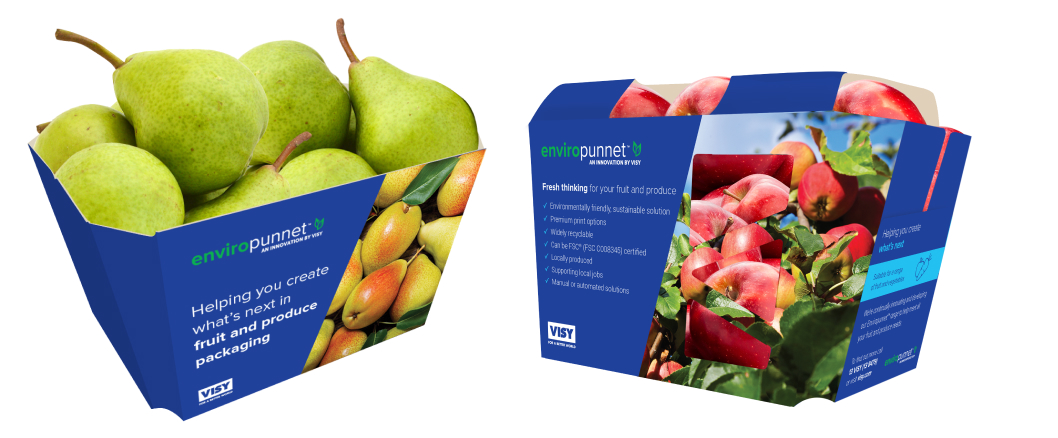 Visy-branded recyclable cardboard fruit punnets, designed by MOO Marketing & Design branding and graphic design service in Melbourne