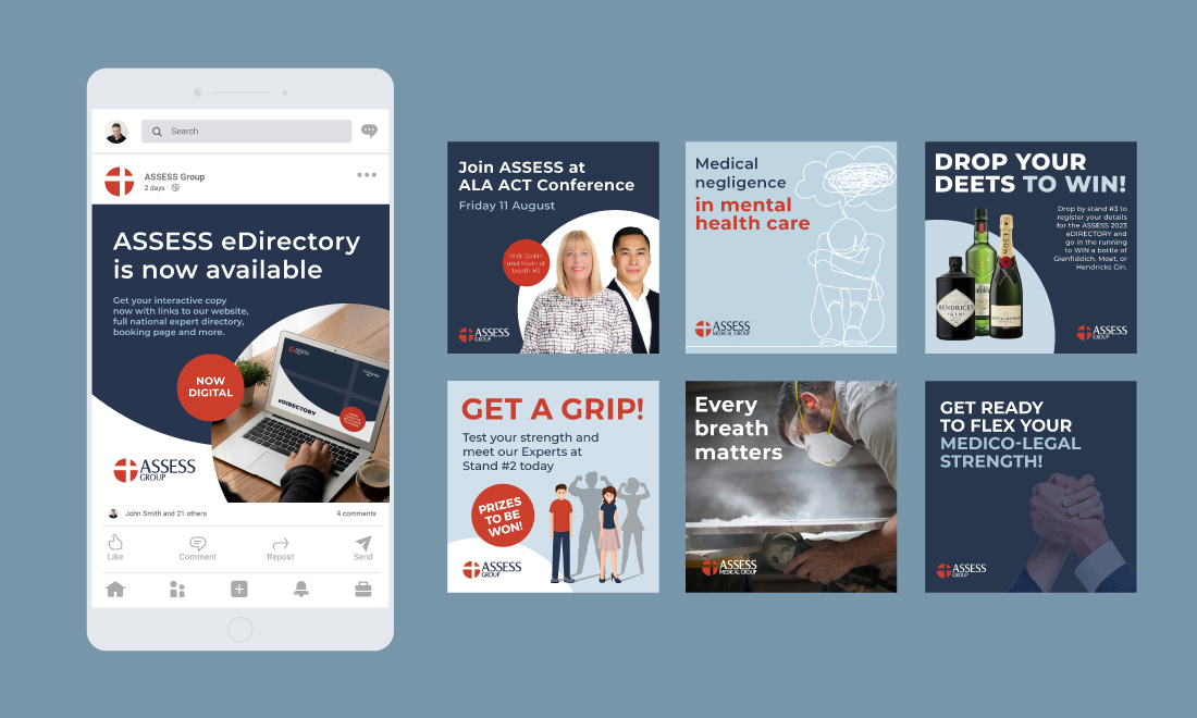 Assess Medical Group social media tiles and thumbnails, designed by MOO Marketing & Design digital marketing agency in Melbourne