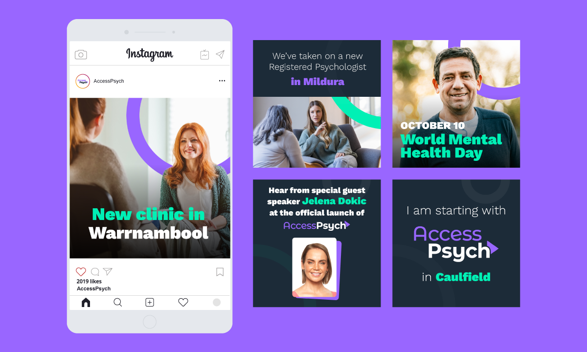 Access Psych social media icons & tiles, designed by MOO Marketing & Design digital marketing agency in Melbourne
