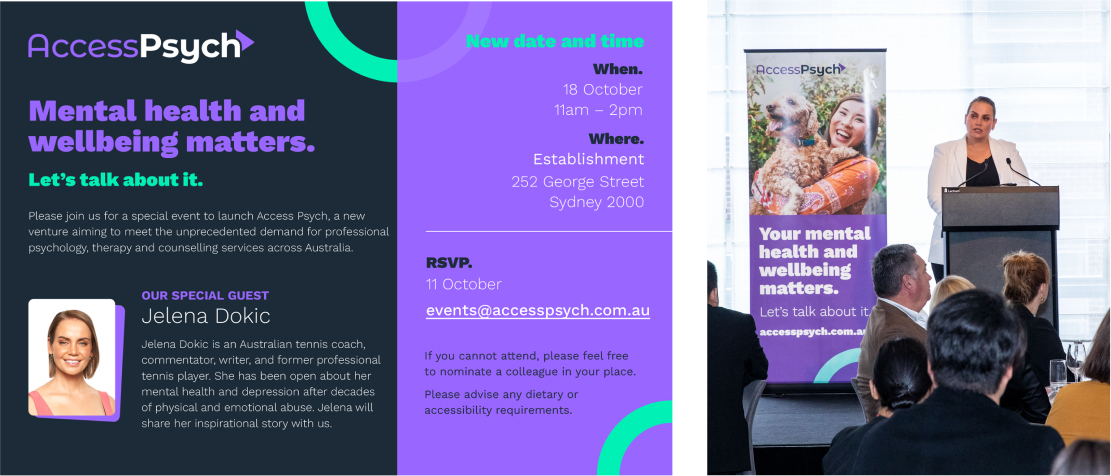Access Psych conference signage including invites/RSVP and pull-up banners on-stage, designed by MOO Marketing & Design's graphic designers in Melbourne