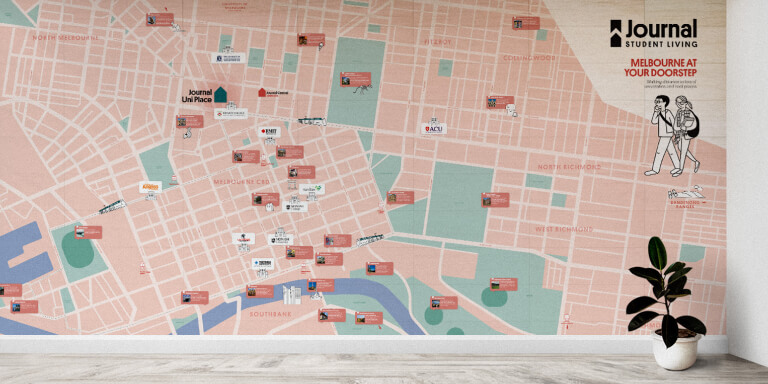 Wall mural featuring map of Melbourne CBD in reception area of Journal Student Living building, designed by MOO Marketing & Design graphic design team