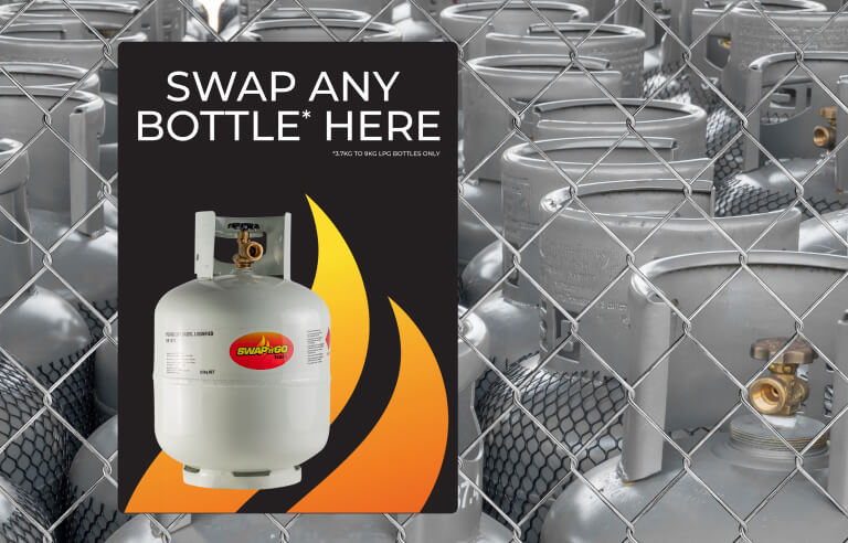 Elgas Swap-N-Go Placard on a fenced-off gas bottle storage area