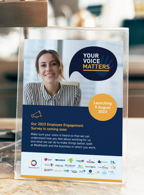 Internal marketing materials promoting employee survey, designed by MOO marketing agency in Melbourne