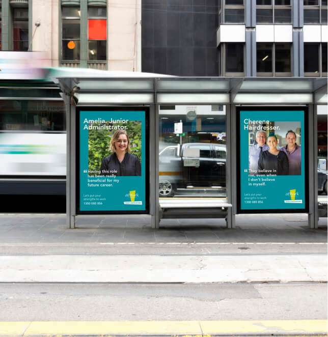 Bus stop ads featuring smiling people on a teal background. Outdoor advertising designed by MOO Marketing agency in Melbourne